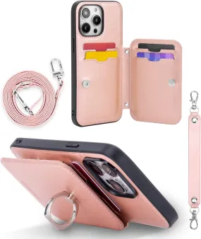 iPhone 14 Pro Max Crossbody Wallet Case Heavy Duty Protection, Rose Gold