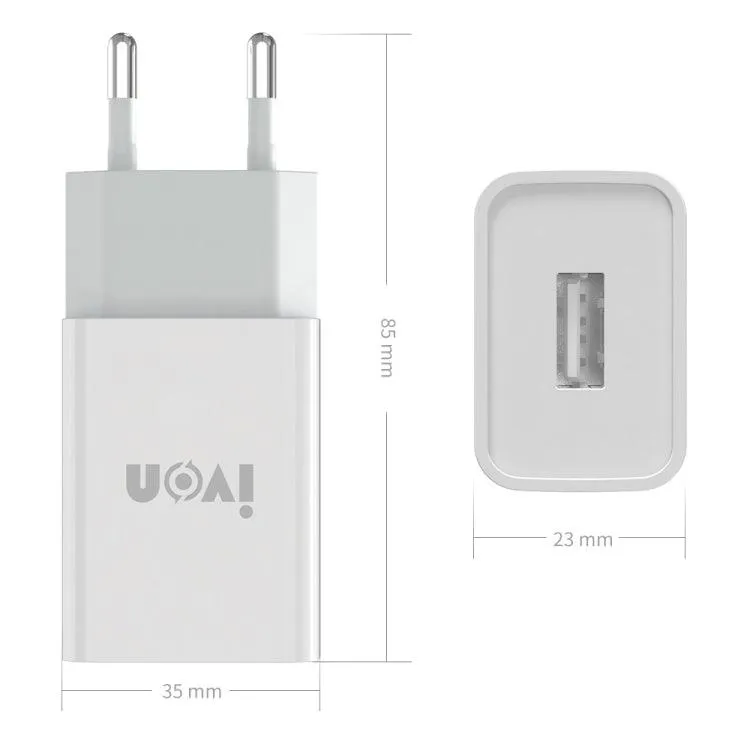 IVON AD-33 2-in-1 USB Travel Charger with 1m Type-C Data Cable - Fast 2.1A Charging