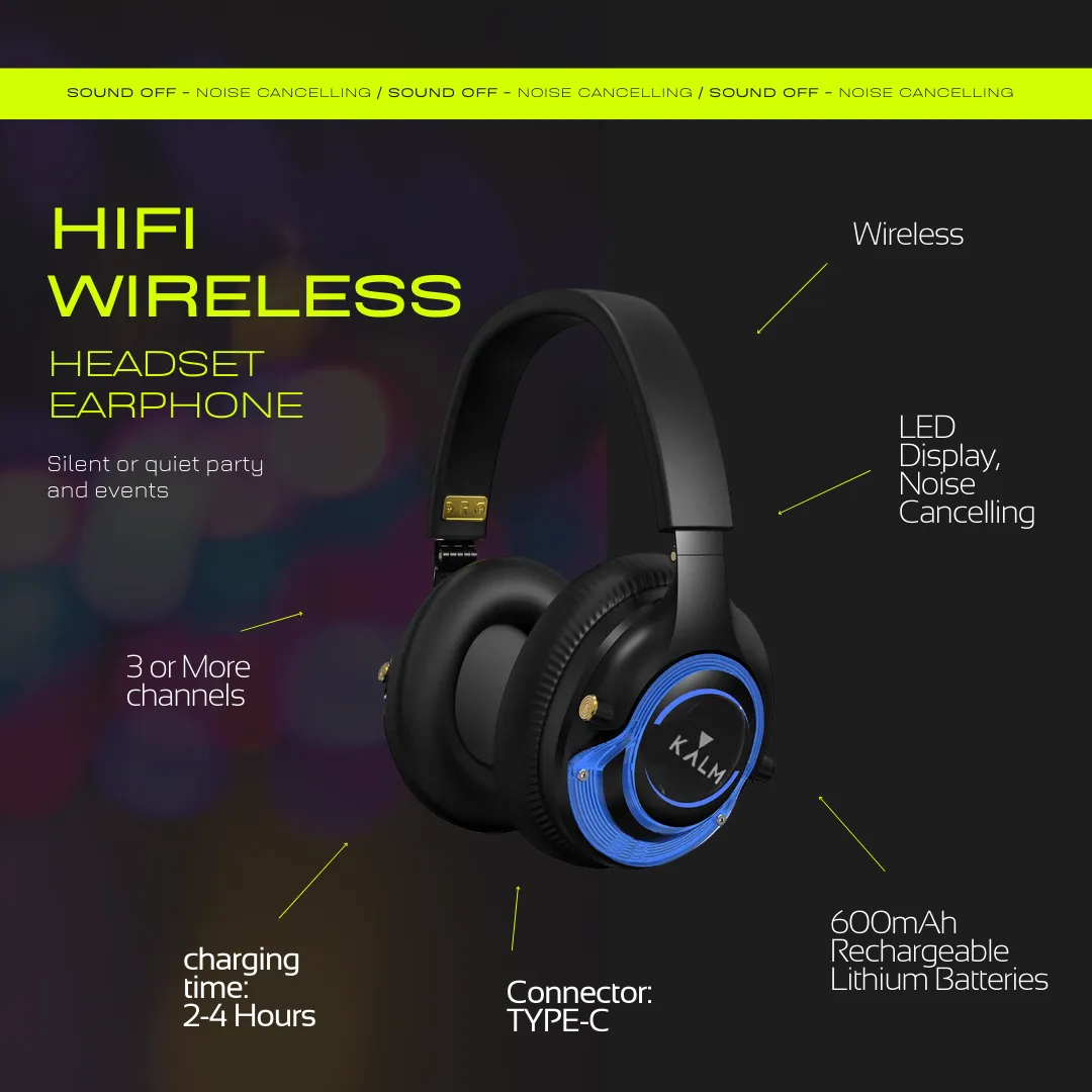 Kalm Now® HiFi Headphones for Sound OFF Workouts -with RF Transmitter | 3 Channels | Bluetooth Ready | Lightweight Headsets for Noiseless Experiences.