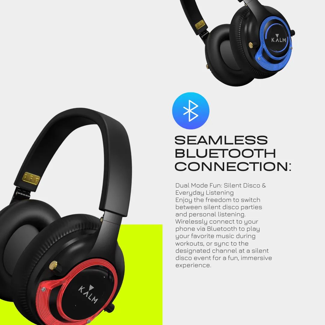 Kalm Now® HiFi Headphones for Sound OFF Workouts -with RF Transmitter | 3 Channels | Bluetooth Ready | Lightweight Headsets for Noiseless Experiences.