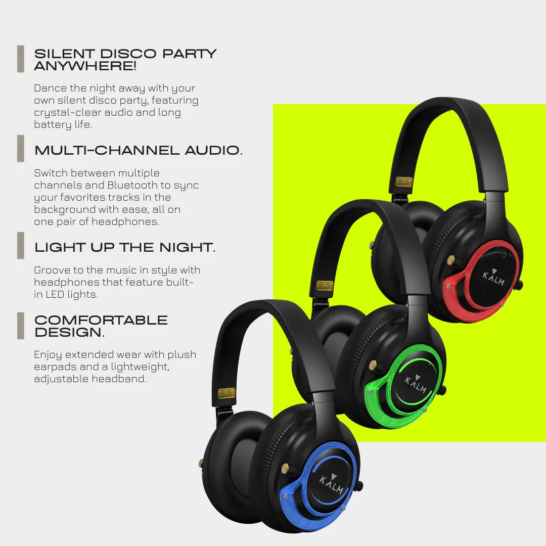 Kalm Now® HiFi Headphones for Sound OFF Workouts -with RF Transmitter | 3 Channels | Bluetooth Ready | Lightweight Headsets for Noiseless Experiences.