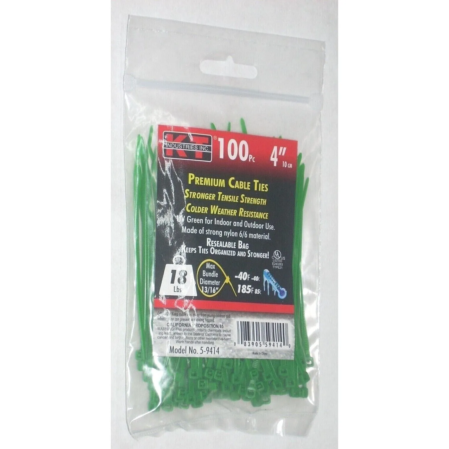 KT Industries 5-9414 Premium Green Cable Ties 4" Long 18 lb Cap 100 pk