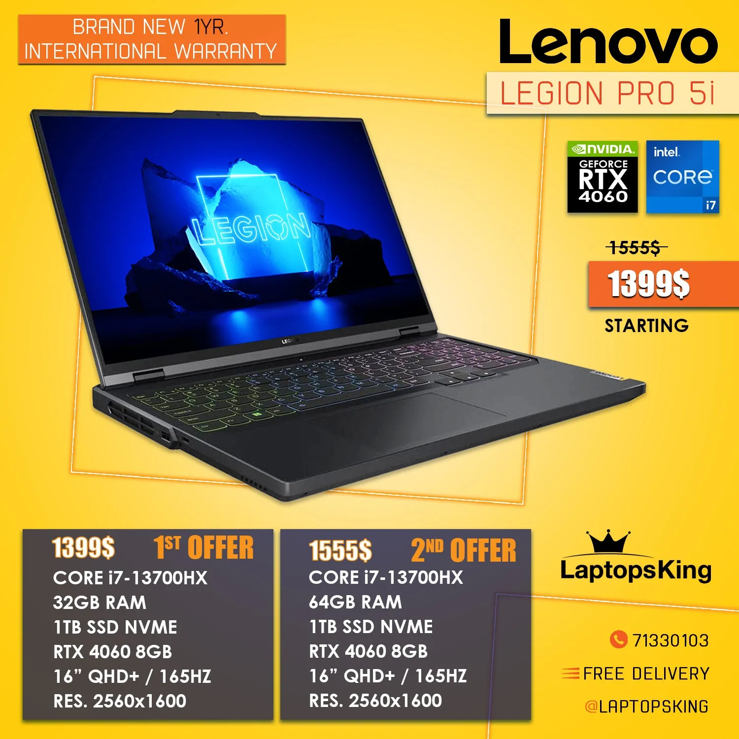 Lenovo Legion Pro 5i Core i7-13700hx Rtx 4060 165hz 16" Qhd  Gaming Laptop Offers (Brand New)