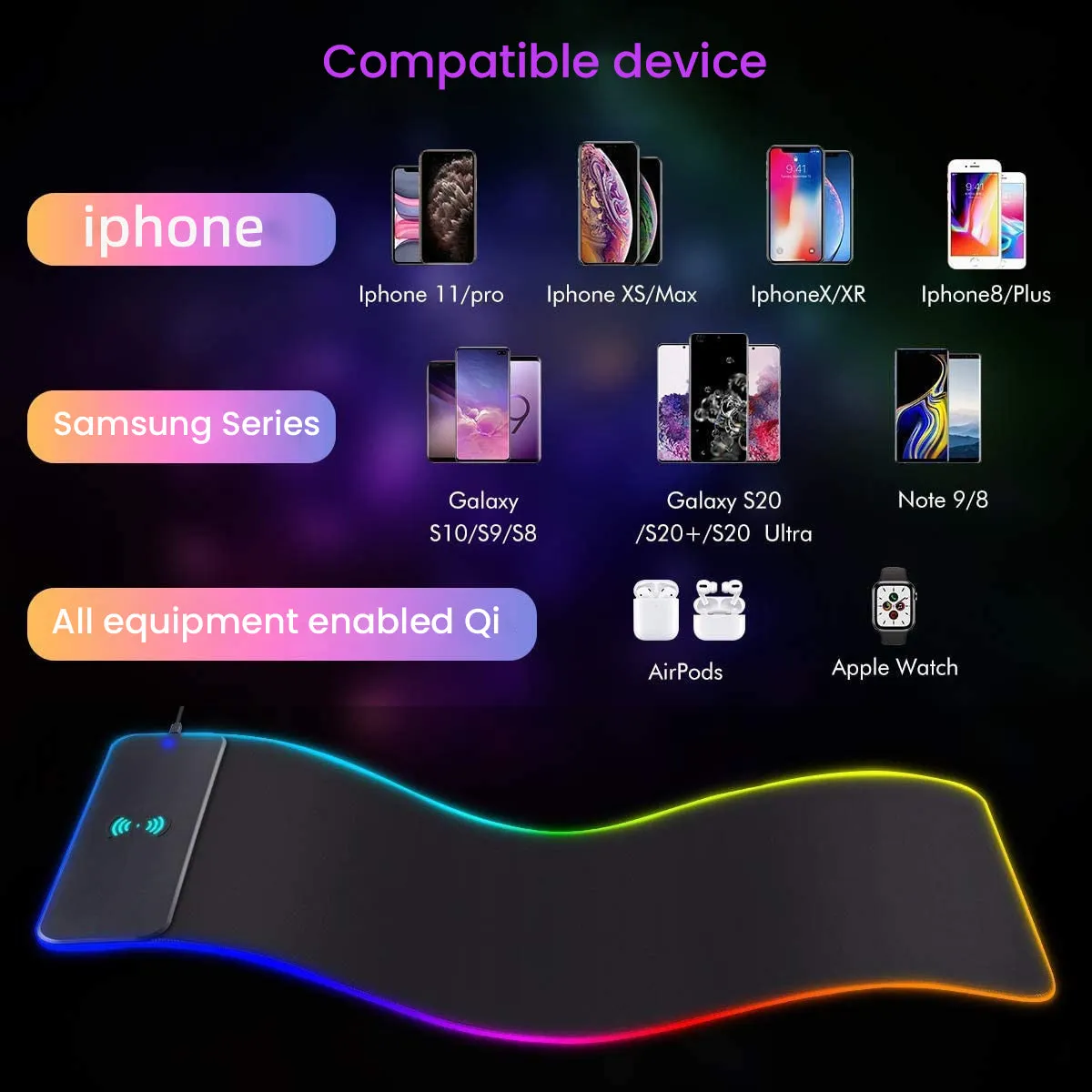 Mousepad 10W Wireless Charging Mobile Phone Charger RGB Luminous Mouse Pad PC