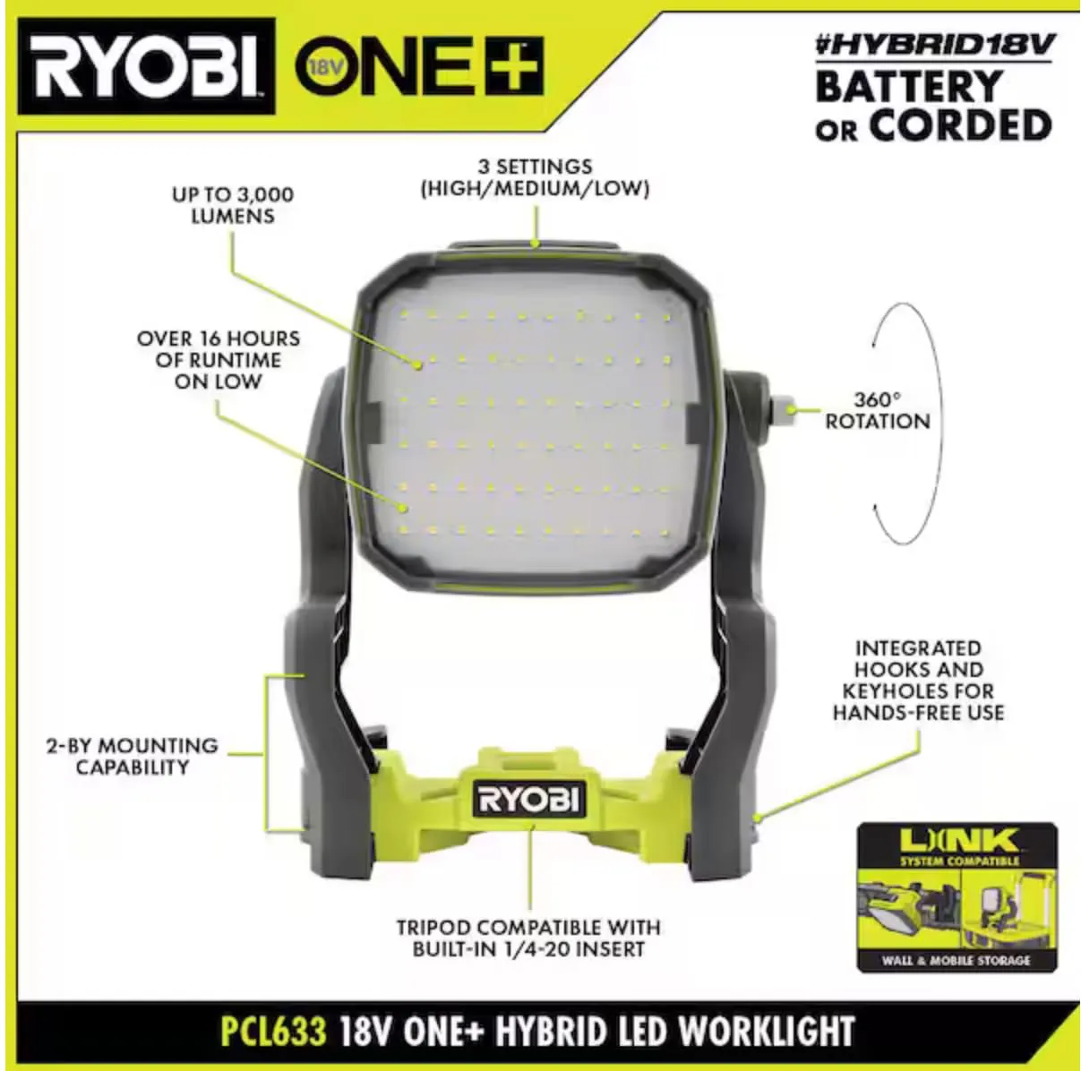 Open Box -  RYOBI ONE  18V Hybrid LED Work Light (Tool Only)