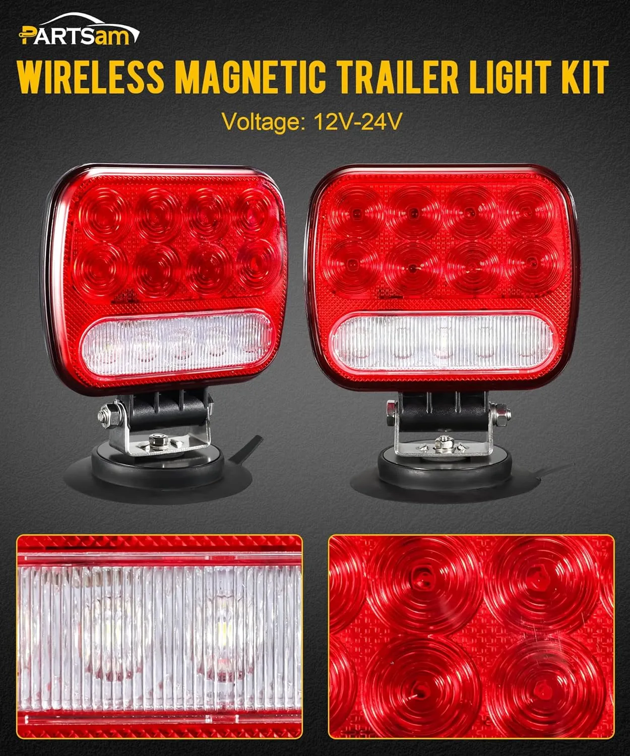 Partsam LED Magnetic Towing Tail Light Wireless LED Trailer Light Kit Universal Stop Turn Running Backup Reverse Light Red Clear Lens w/ 7-Pin Plug Dual USB Cable Charger for Trucks Trailers 12-24V