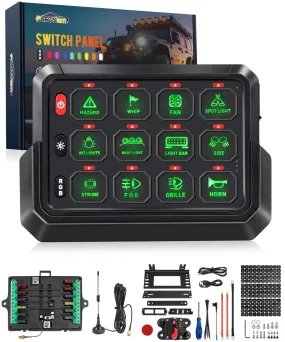 Partsam RGB 12 Gang Switch Panel 265 ft Wireless Waterproof Universal Circuit Control Relay System Box Switch Pod w/3 Silicone Button 5 Brightness Levels for Offroad Truck RV ATV UTV Boat