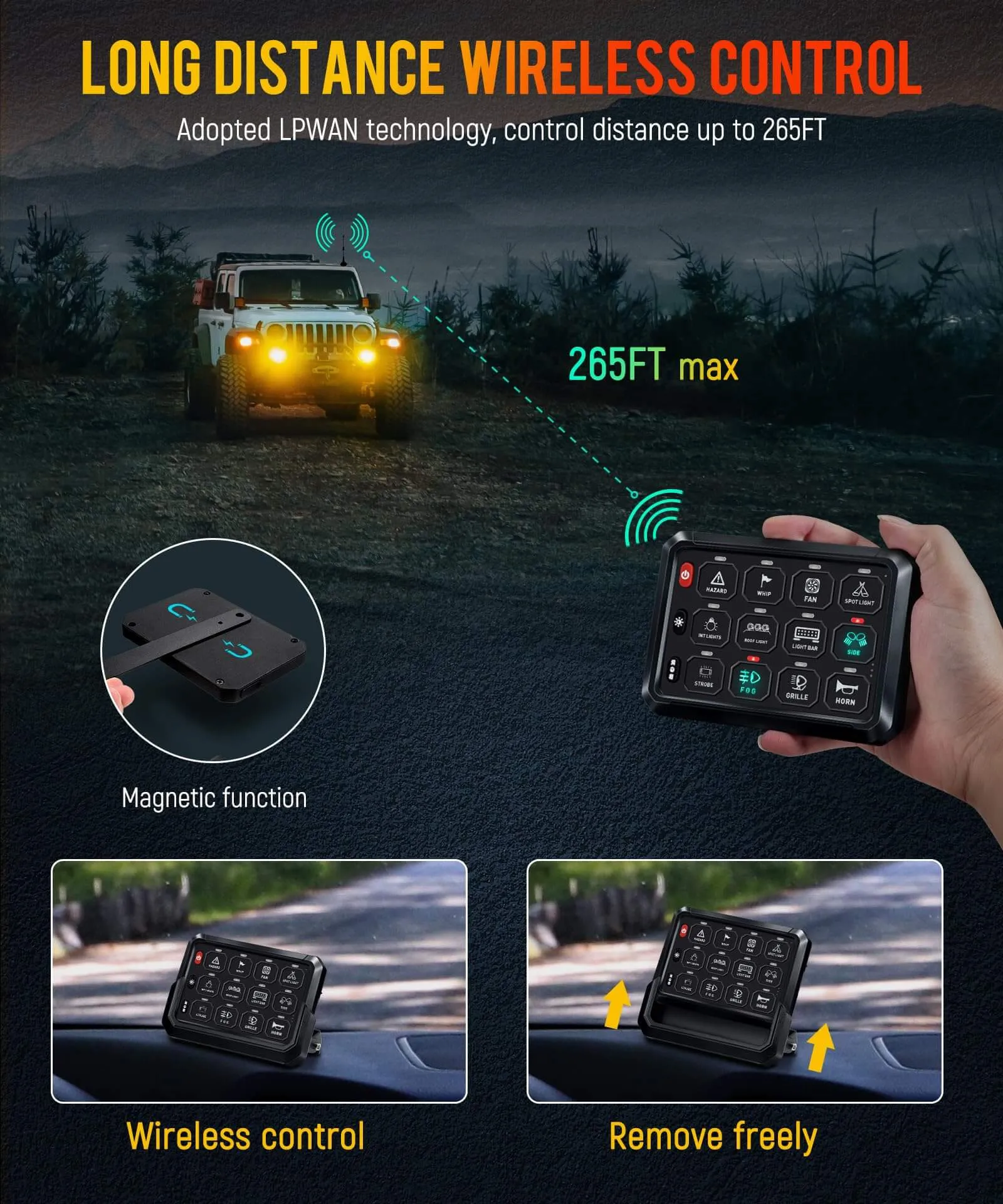 Partsam RGB 12 Gang Switch Panel 265 ft Wireless Waterproof Universal Circuit Control Relay System Box Switch Pod w/3 Silicone Button 5 Brightness Levels for Offroad Truck RV ATV UTV Boat