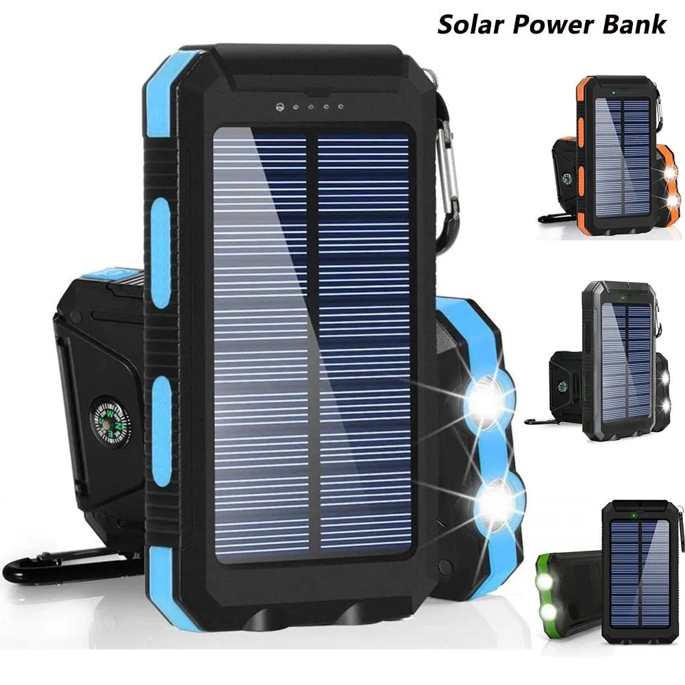 Portable Solar Power Bank-  Built-in Flashlight, Compass, for All Smartphones, Electronic Devices