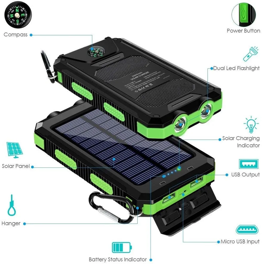 Portable Solar Power Bank-  Built-in Flashlight, Compass, for All Smartphones, Electronic Devices