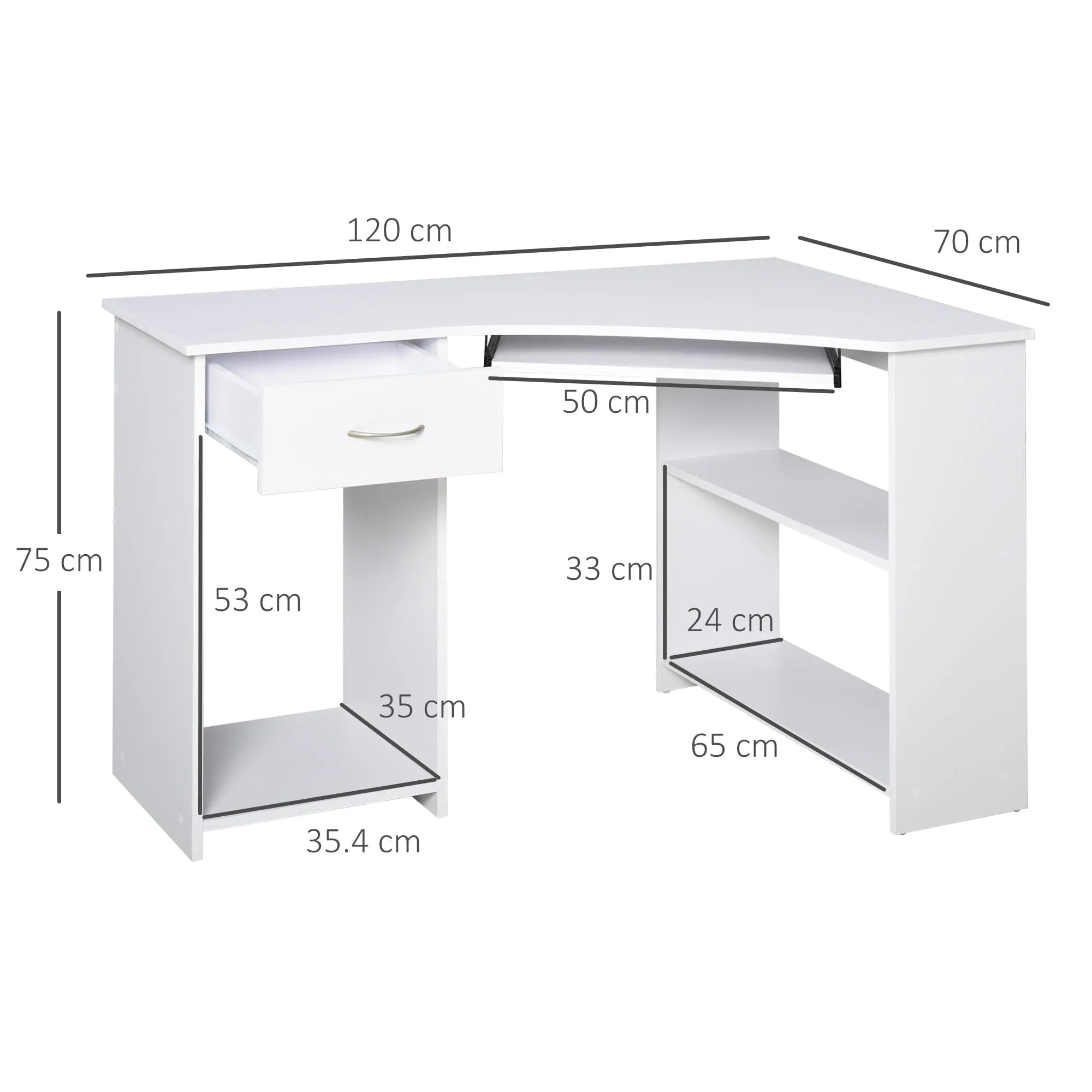 ProperAV Extra L-Shaped Corner Computer Desk & 2-Tier Side Shelves Wide Table Top with Keyboard Tray Office Study Bedroom Furniture - White