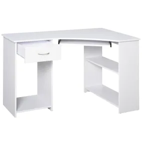 ProperAV Extra L-Shaped Corner Computer Desk & 2-Tier Side Shelves Wide Table Top with Keyboard Tray Office Study Bedroom Furniture - White