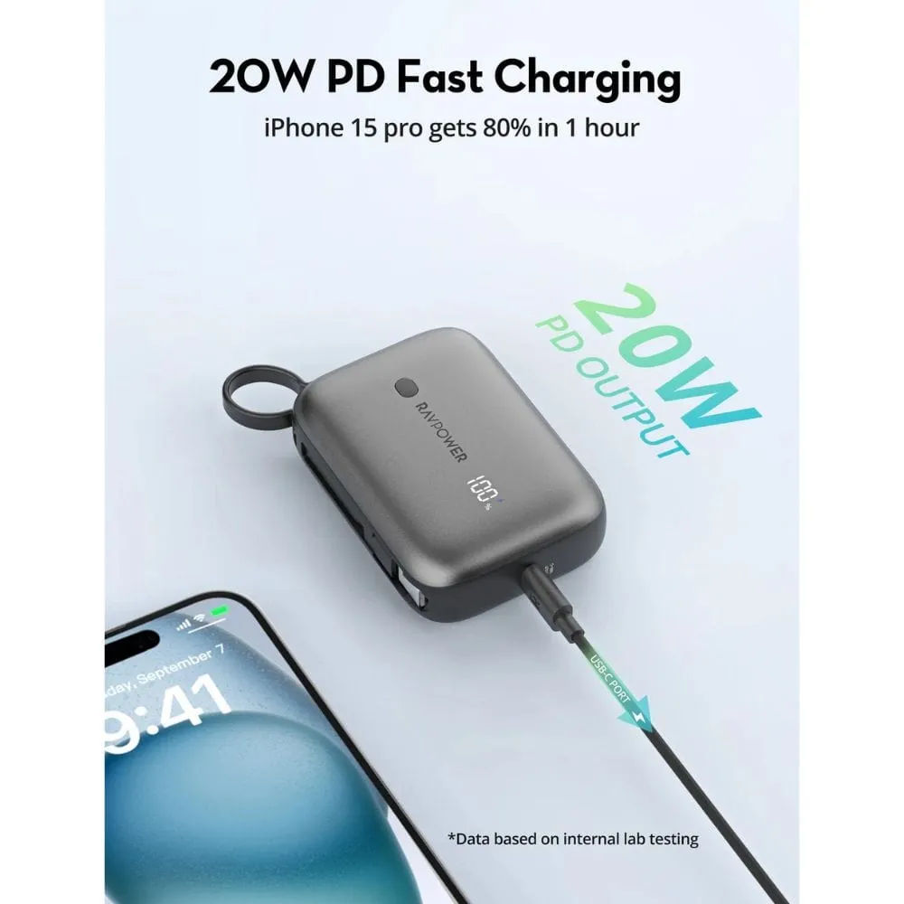 RAVPOWER PD 20W Power Bank with Built in USB-C Cable (10000mAh) - PB1224