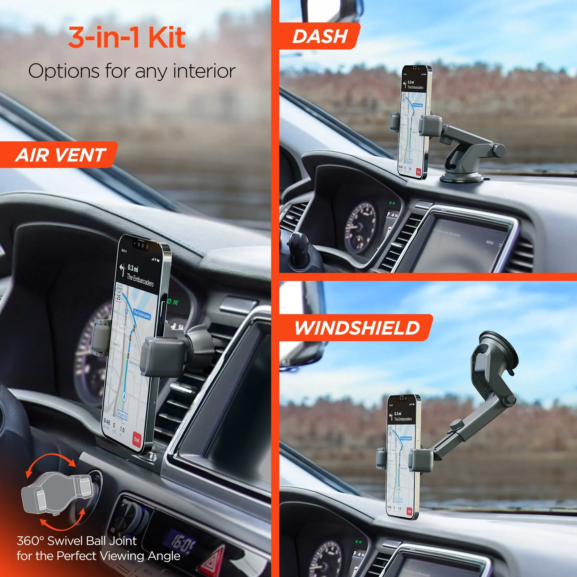 Roller Grip Phone Mount Kit | Vent   Dash   Windshield | Black