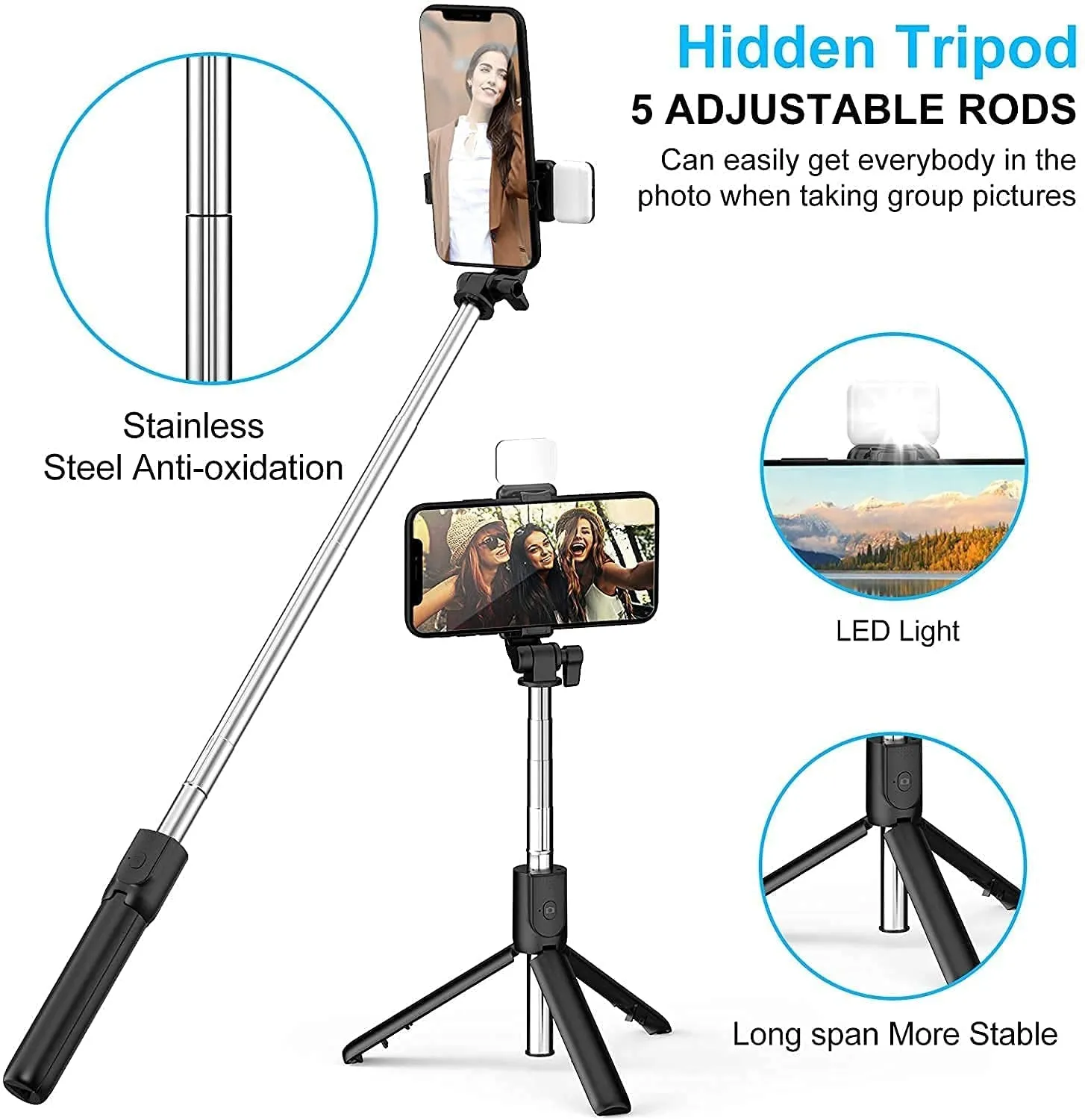 Selfie Stick with selfie Light 3-in-1 Multifunctional R1s Tripod Stand with Bluetooth Remote and Selfie Light Compatible with all Smart Phones (Black)