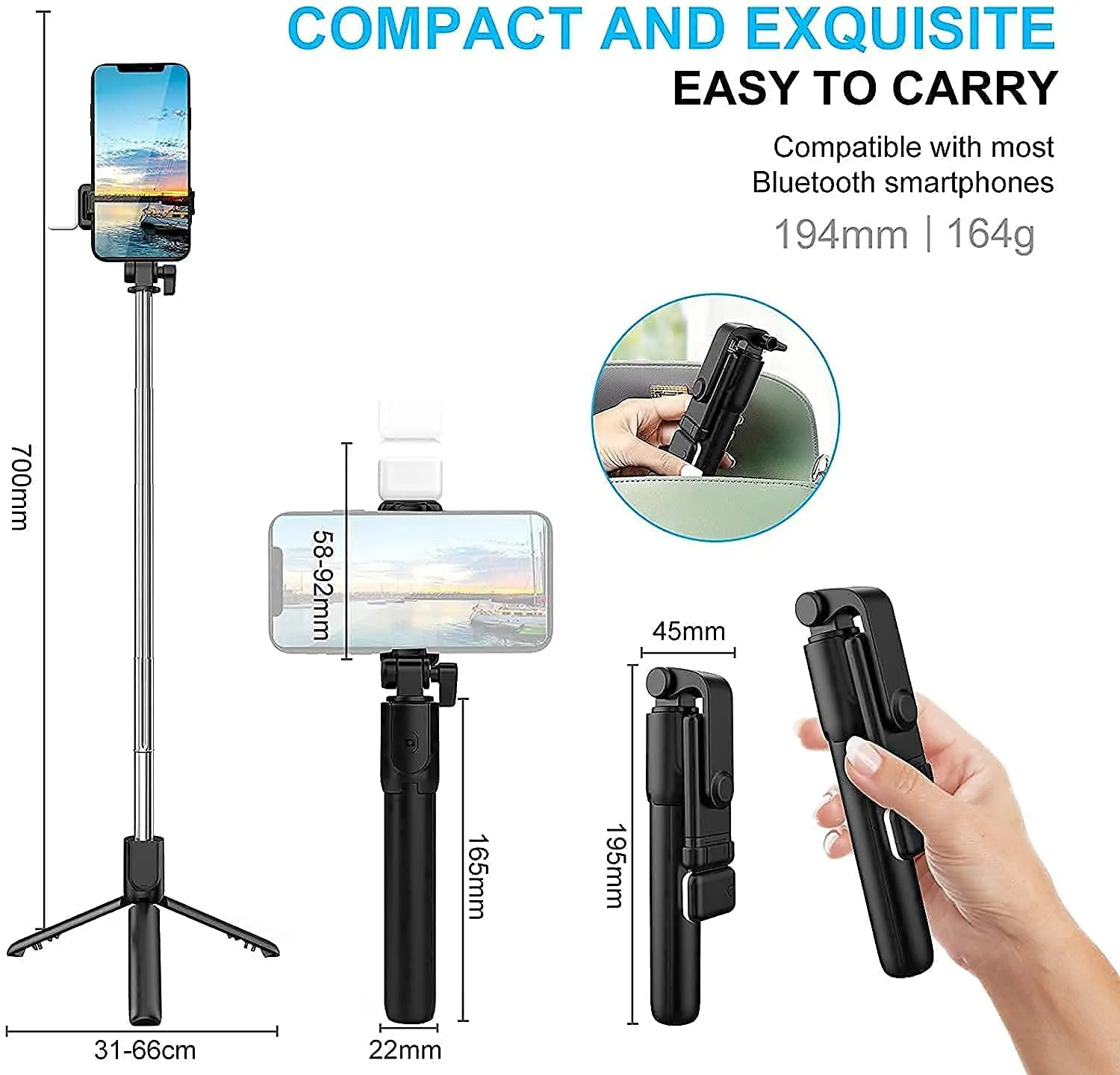 Selfie Stick with selfie Light 3-in-1 Multifunctional R1s Tripod Stand with Bluetooth Remote and Selfie Light Compatible with all Smart Phones (Black)