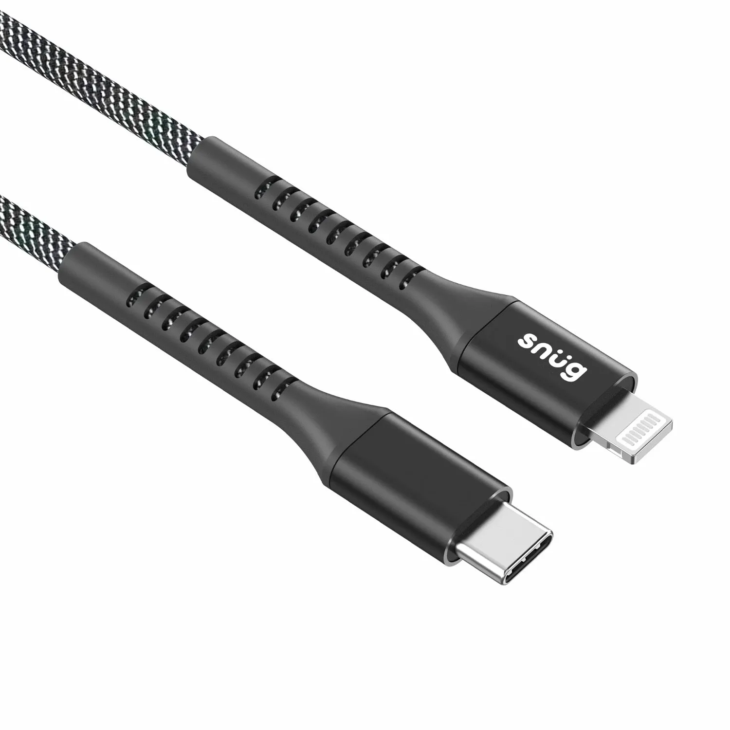 Snug Type-C To MFI Nylon Braided Cable 60W - 1.2 Metre - Black/Silver (SNPW-CABNMFIT-B)