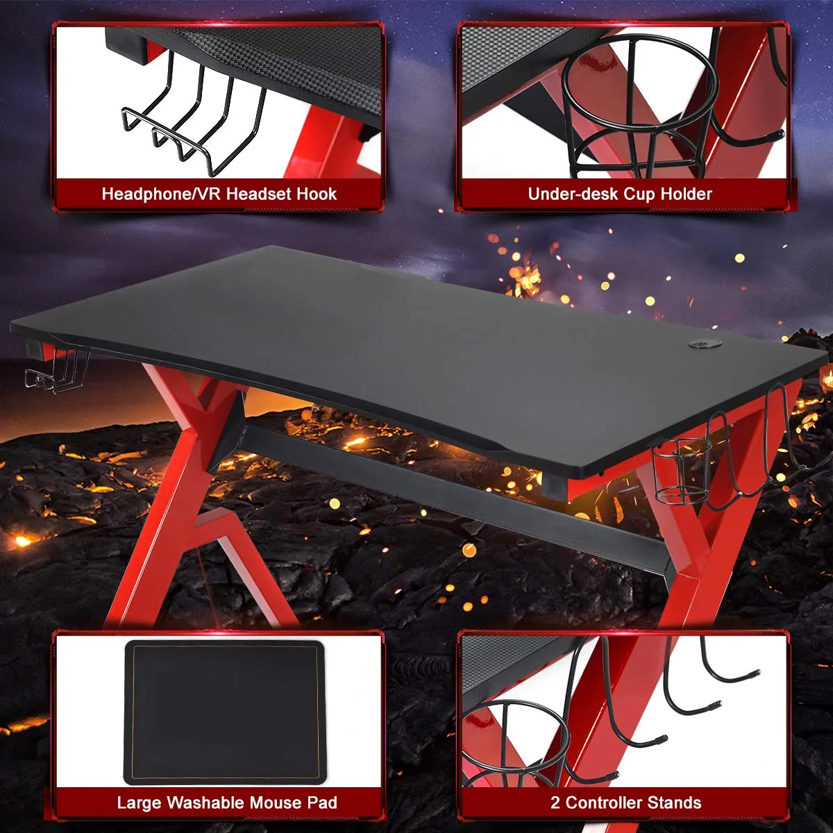 Tangkula Computer Desk Gaming Desk, Ergonomic Gamer Workstation with Cup & Headphone Holder Mouse Pad