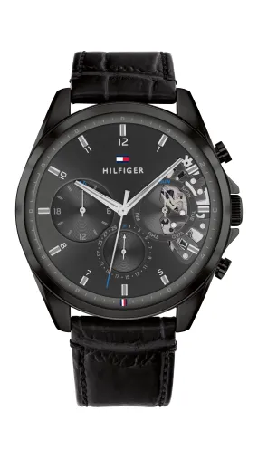 Tommy Hilfiger Multi-function Black Leather Men's Watch