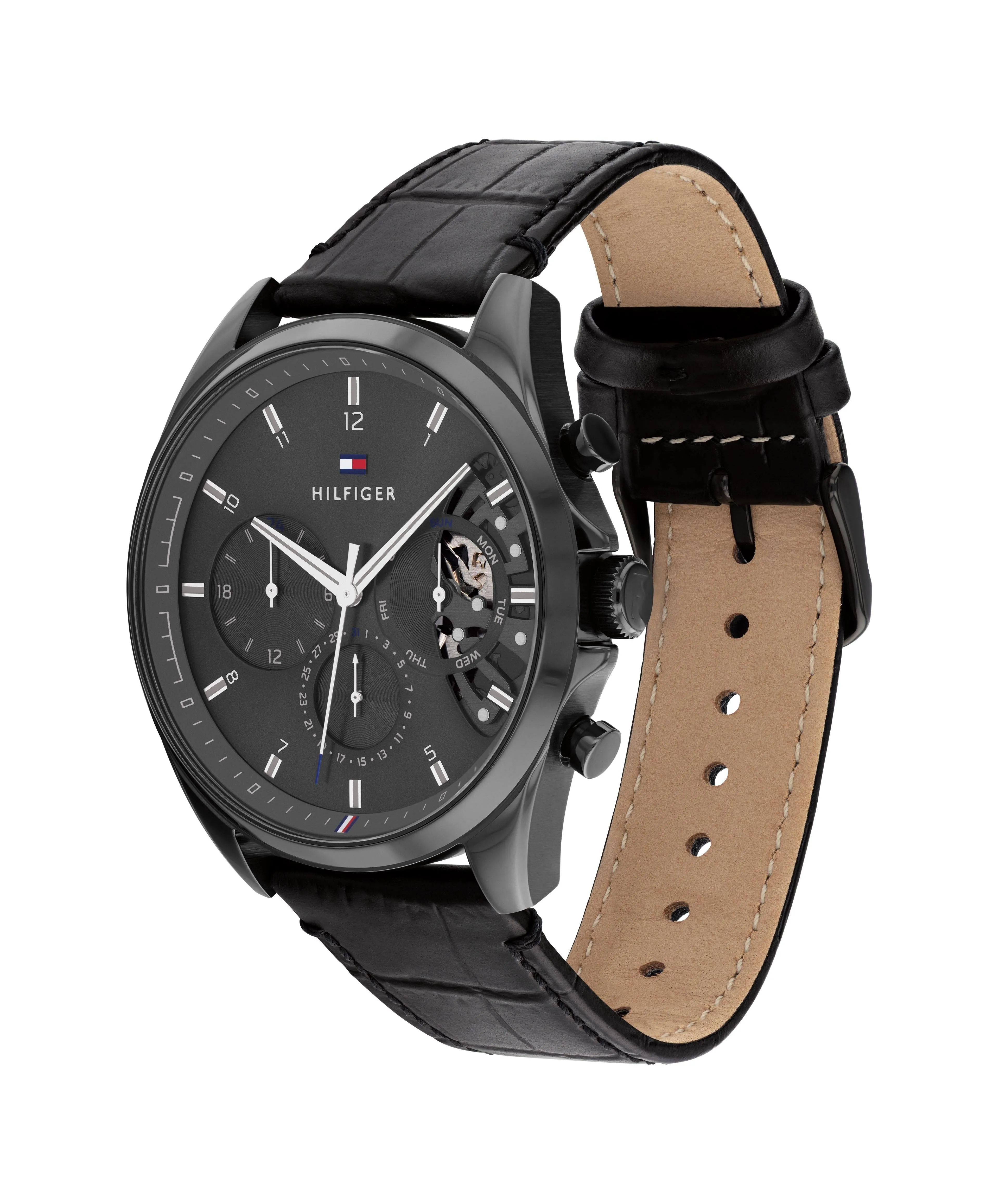 Tommy Hilfiger Multi-function Black Leather Men's Watch