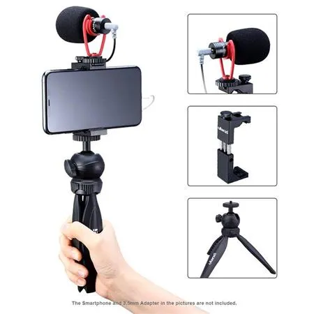 Ulanzi Smartphone Vlog Kit 3 VM-Q1 Microphone, ST-02S Phone Tripod Mount & MT-03 Mini Tripod for Livestream Streaming Youtube Video Recording Content