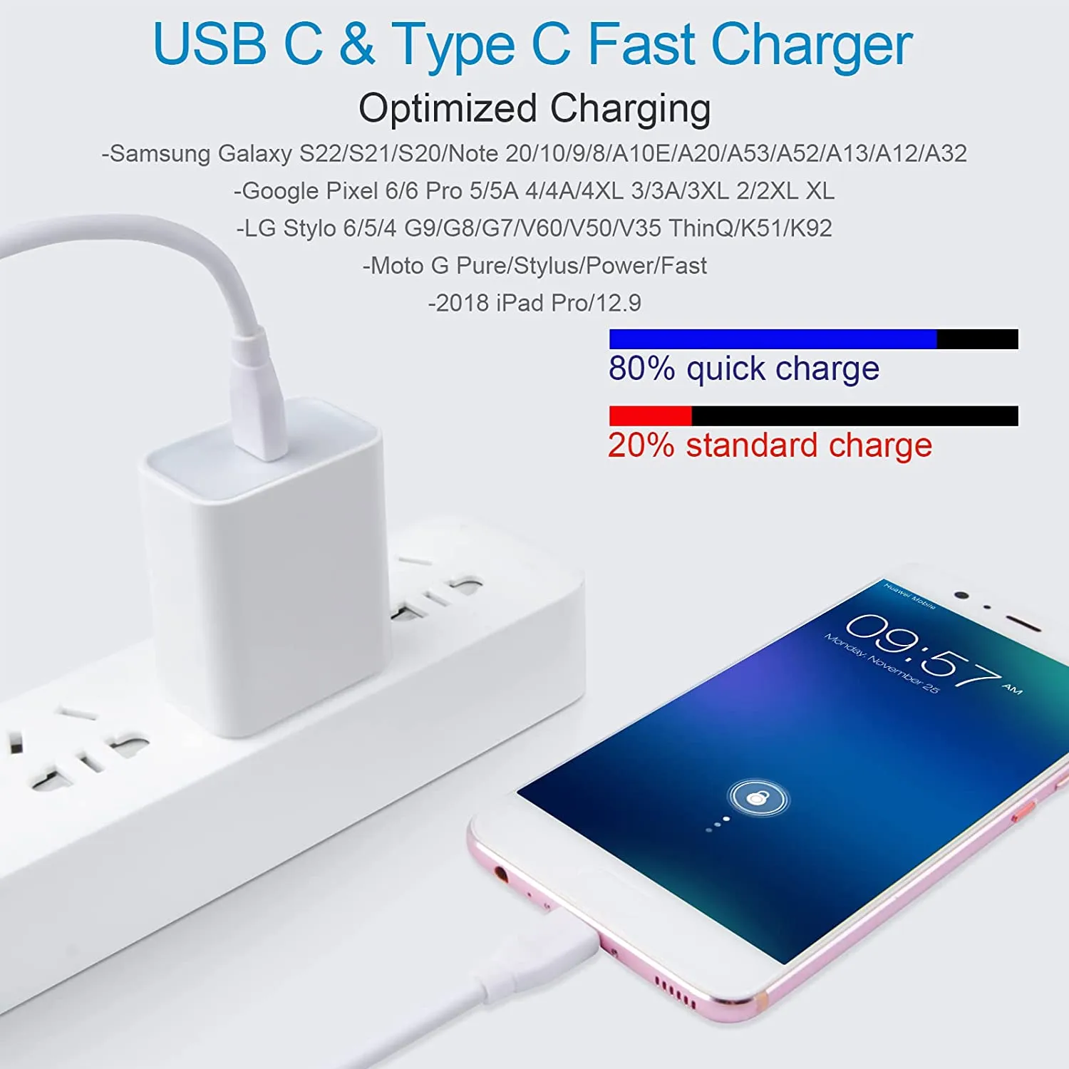 USB C Fast Charger for Google Pixel Pad Pro Samsung Galaxy 6FT Type C to C Cable