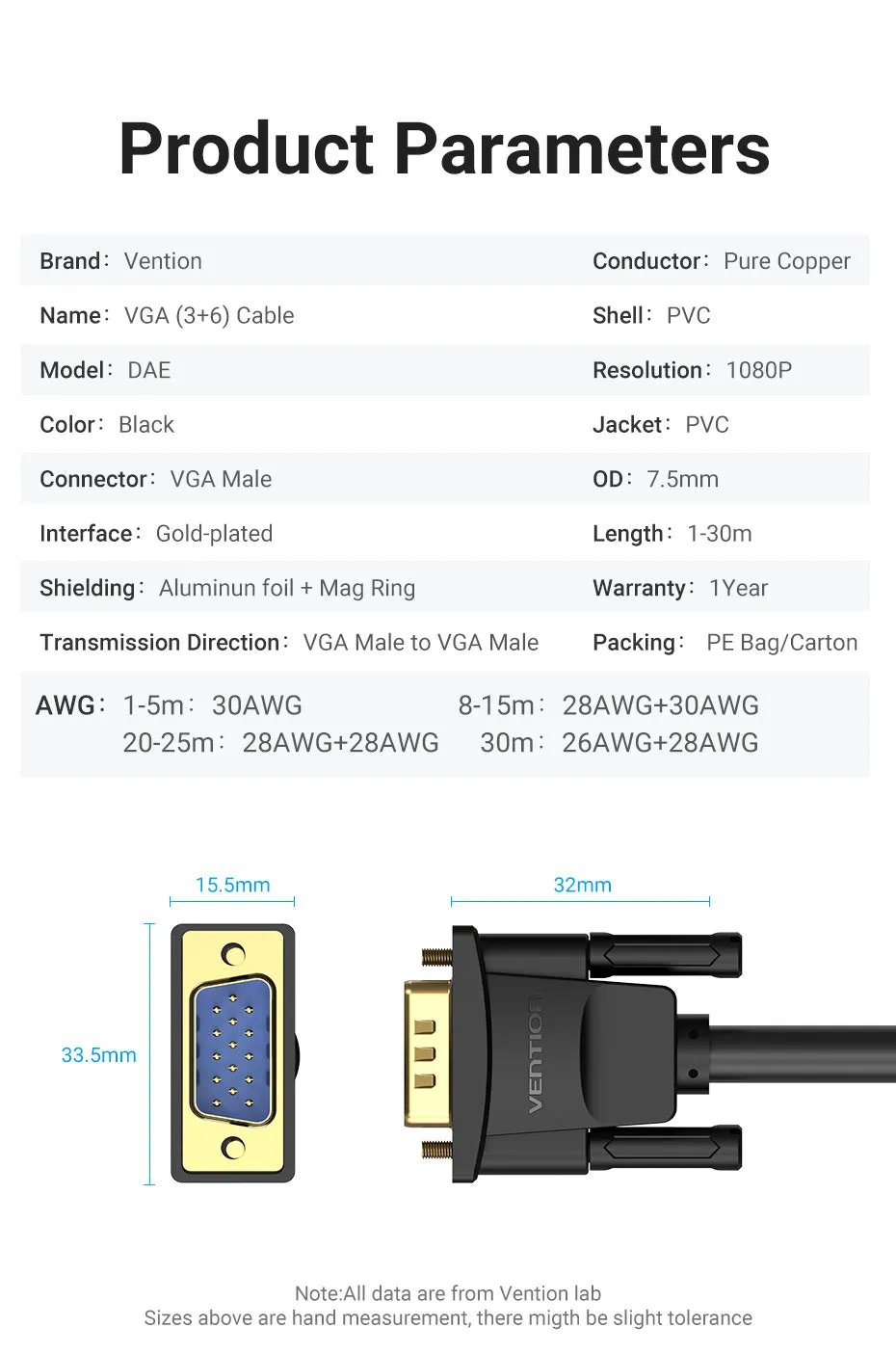 Vention 1080p VGA Cable (3 6) Male to Male Gold Plated (DAE) HD Video Connector for TV PC Projector