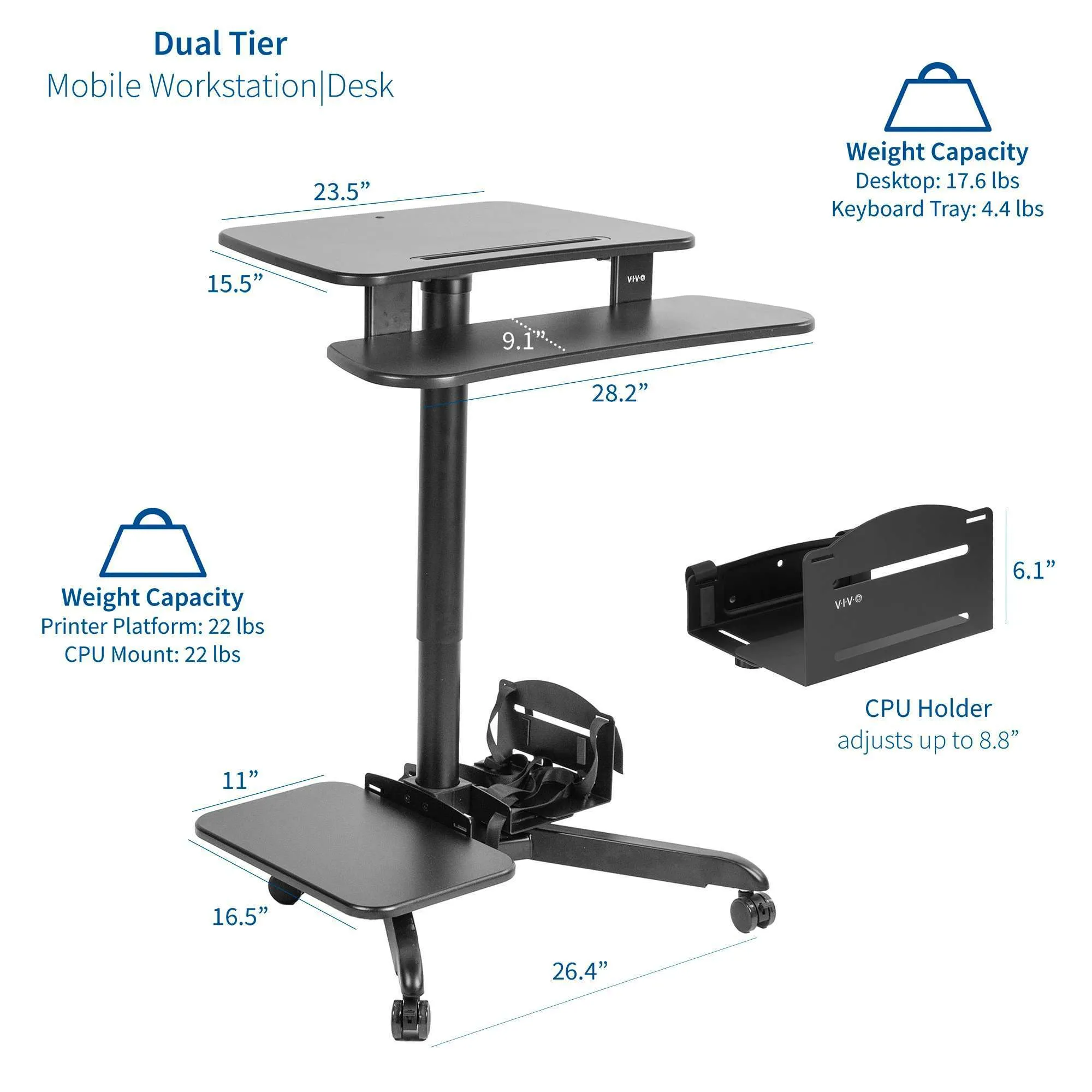 VIVO Black 24” Mobile Computer Workstation, CART-PC02HB