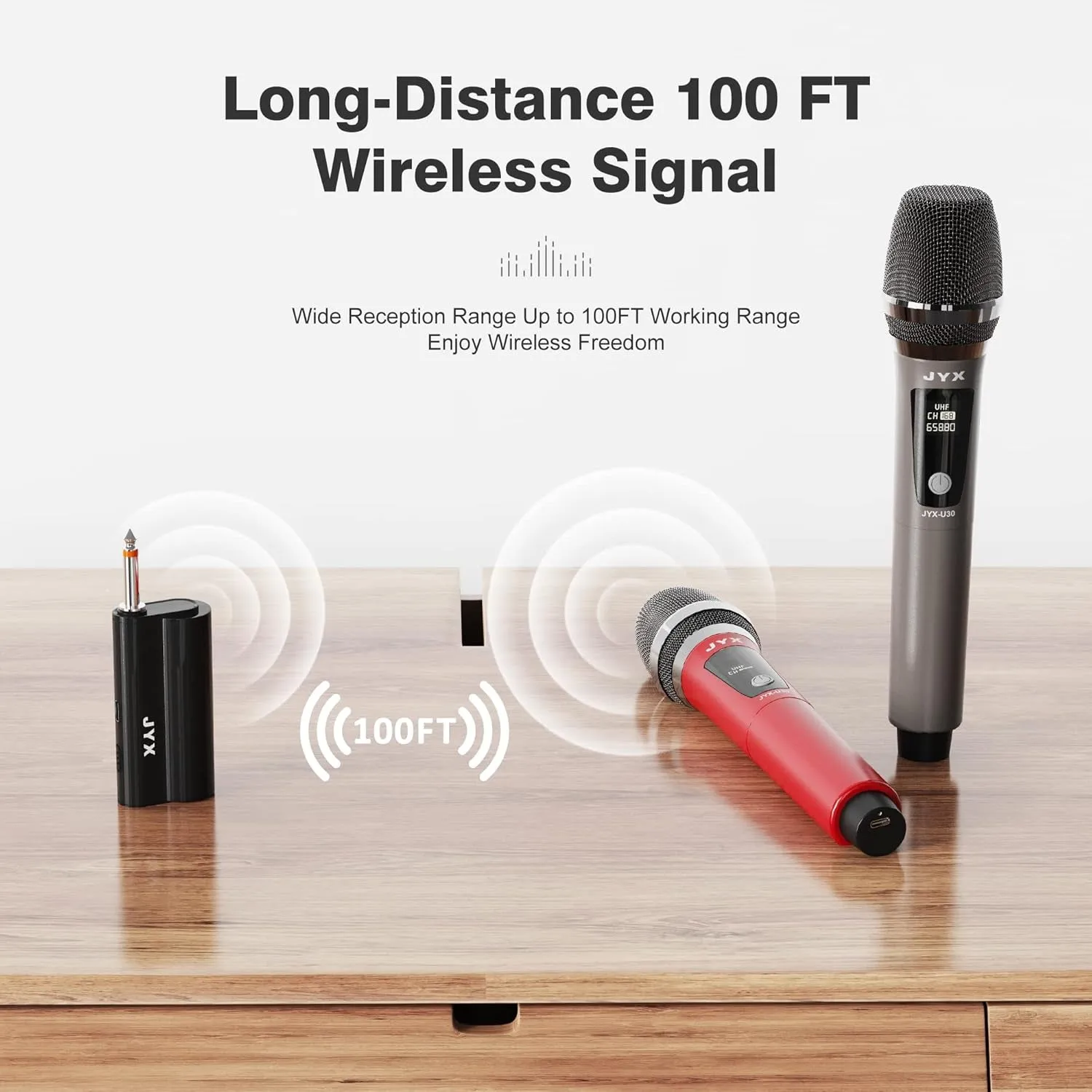 Wireless Microphone, Dual 2 UHF Cordless Mic System with Rechargeable Receiver, Handheld Dynamic Microphone with 100ft Transmission Distance for Karaoke/Meeting/Wedding/Speech