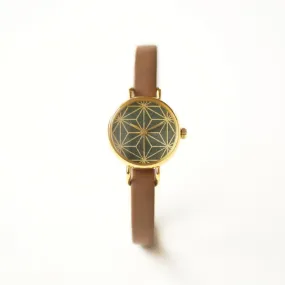 Women's Wristwatch - Camellia Leaf Color with Asanoha(hemp leaf) pattern, Japanese handmade wrist watch