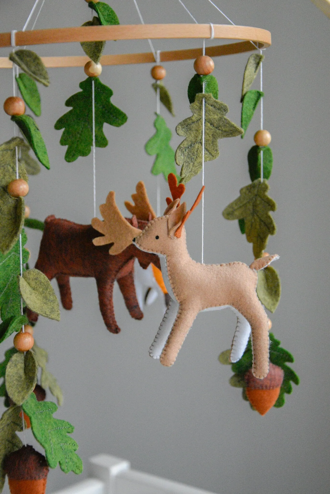 Woodland mobile with fox, reindeer, moose, bunny and leaves