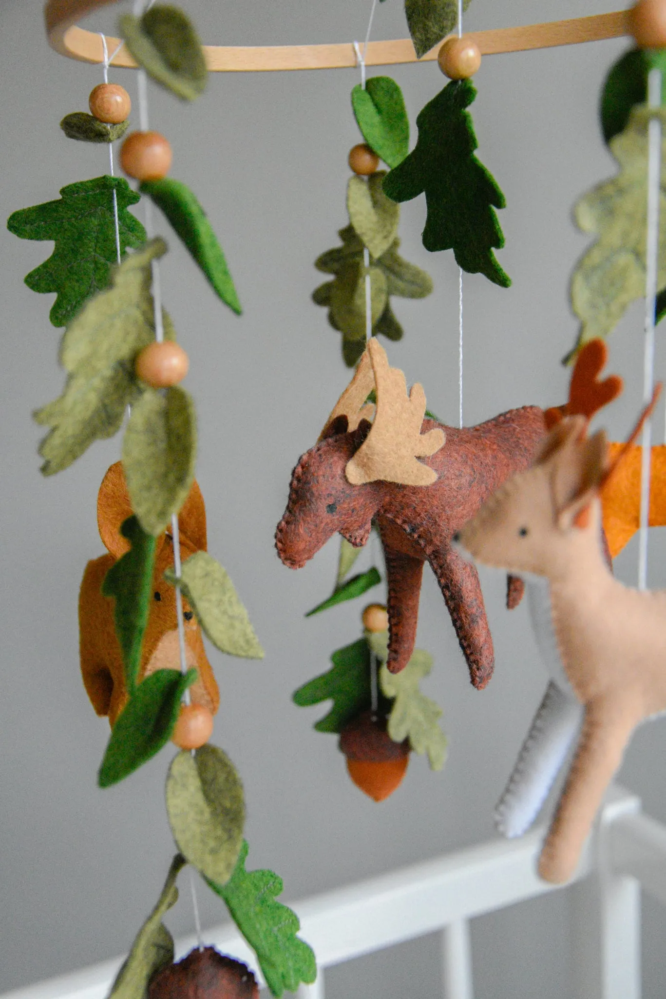 Woodland mobile with fox, reindeer, moose, bunny and leaves