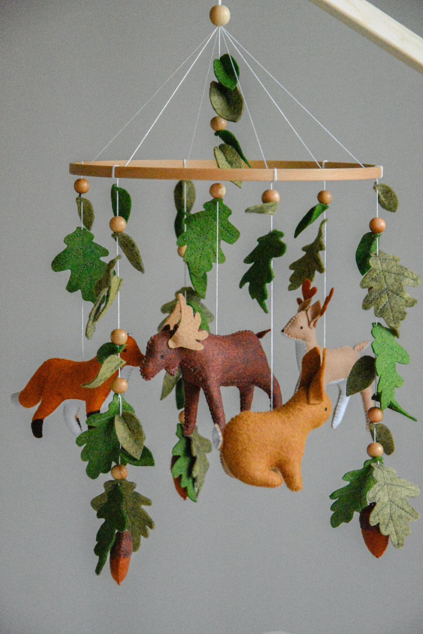 Woodland mobile with fox, reindeer, moose, bunny and leaves