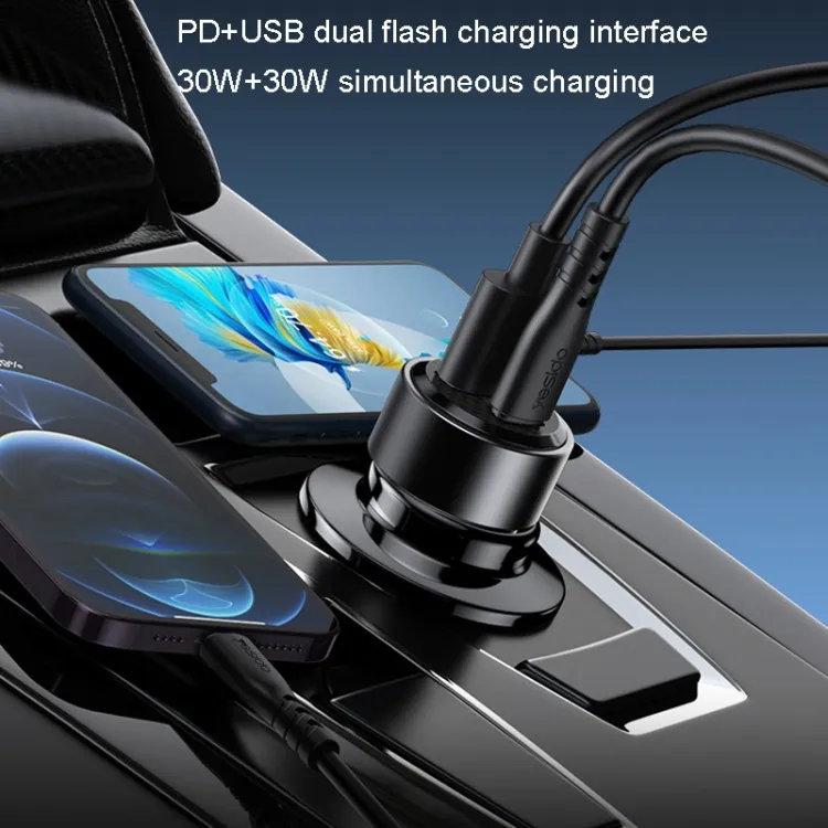 Yesido Y55 USB   Type-C 60W Dual Ports Fast Car Charger With USB-C To USB-C Cable