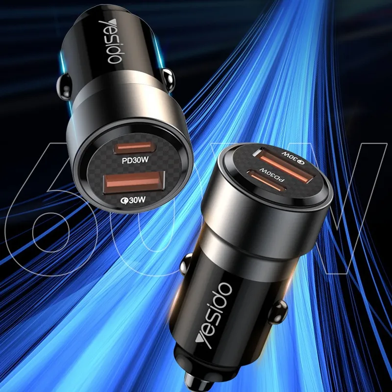 Yesido Y55 USB   Type-C 60W Dual Ports Fast Car Charger With USB-C To USB-C Cable